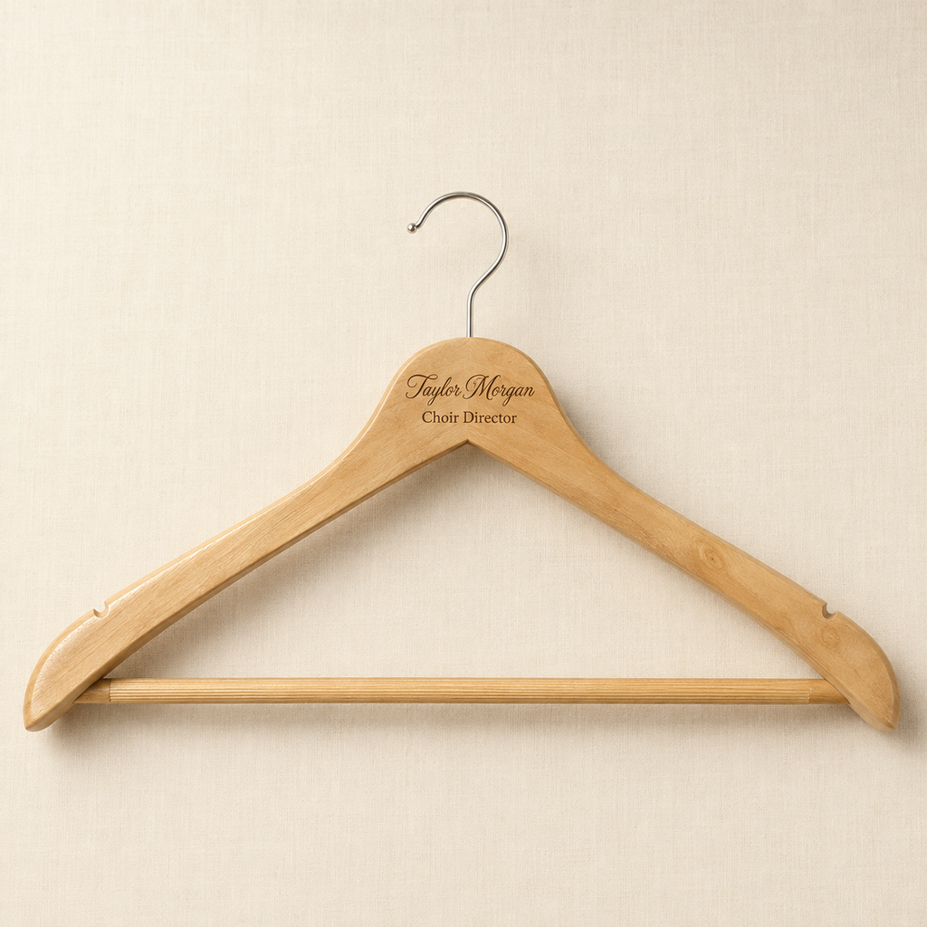 Personalized natural wood hanger engraved with a custom name and title